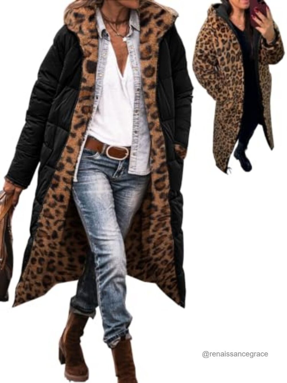 Women's Reversible Long Puffer Jacket Faux Fur Lined Hooded Winter Coat